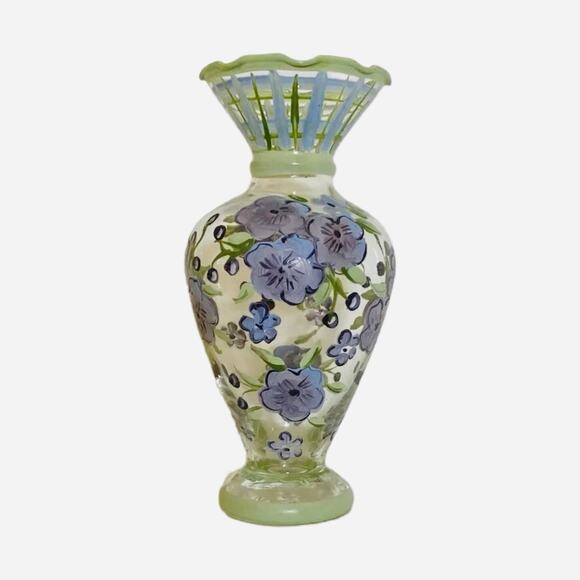 Vintage TRACY PORTER Hand-Painted Glass Bud Vase Purple Flowers Ruffled Rim 6.5” - Picture 5 of 10